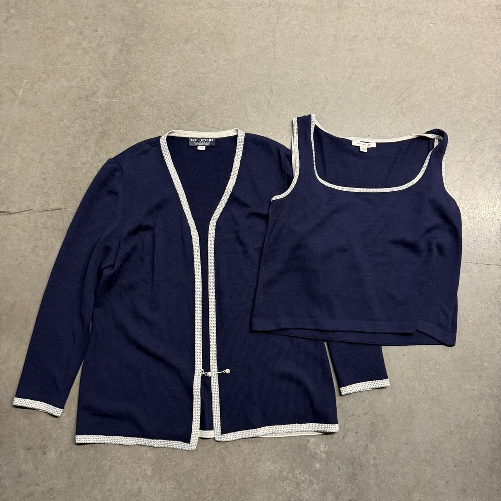 St John Evening Marie Gray Navy Blue Knit Cardigan Tank Twin Set Size 14 L